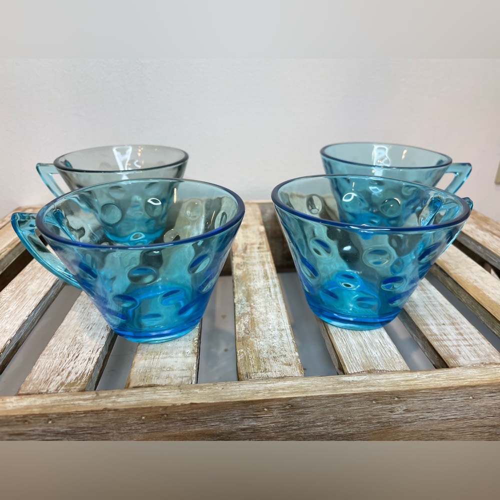 Vintage Hazel Atlas Blue Capri Dot Coffee / Teacups Set of 4